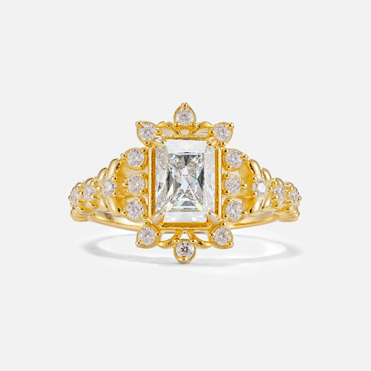 Emerald Cut Moissanite Floral Halo Leaf Vine Engagement Ring