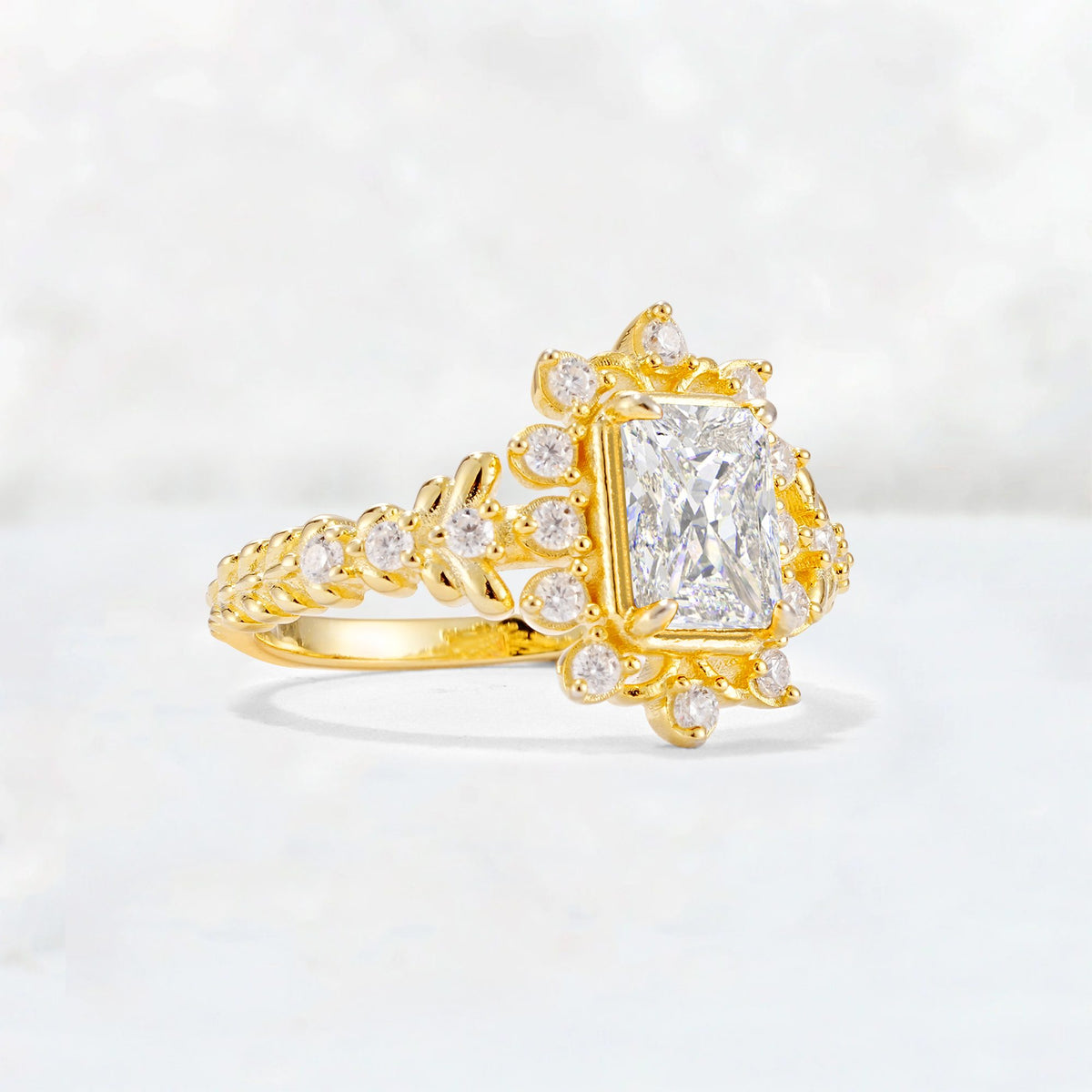 Emerald Cut Moissanite Floral Halo Leaf Vine Engagement Ring - Additional view