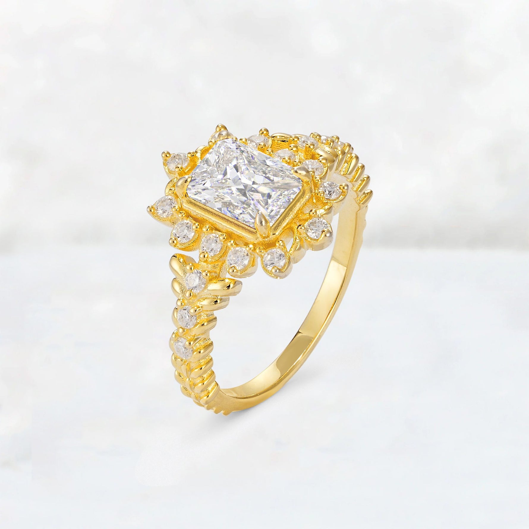 Emerald Cut Moissanite Floral Halo Leaf Vine Engagement Ring - Additional view