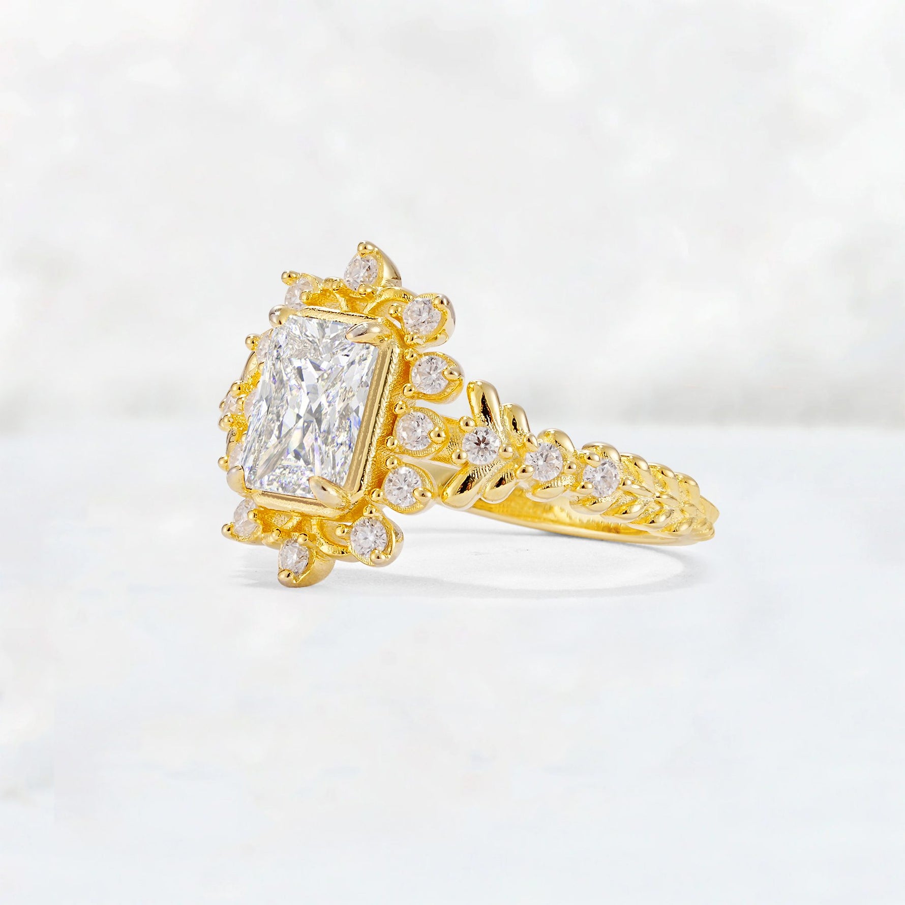 Emerald Cut Moissanite Floral Halo Leaf Vine Engagement Ring - Additional view
