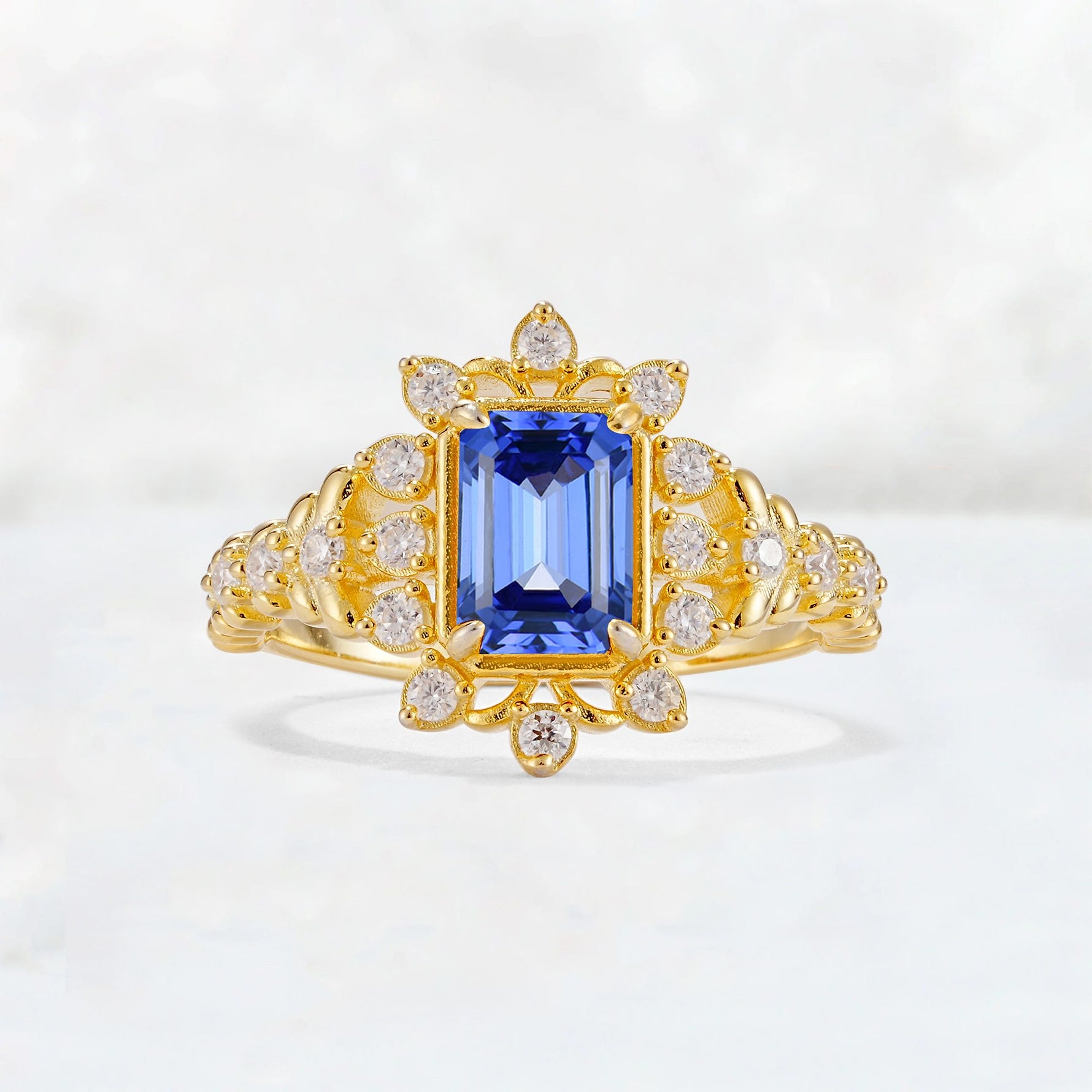 Emerald Cut Sapphire Floral Halo Leaf Vine Engagement Ring - Additional view