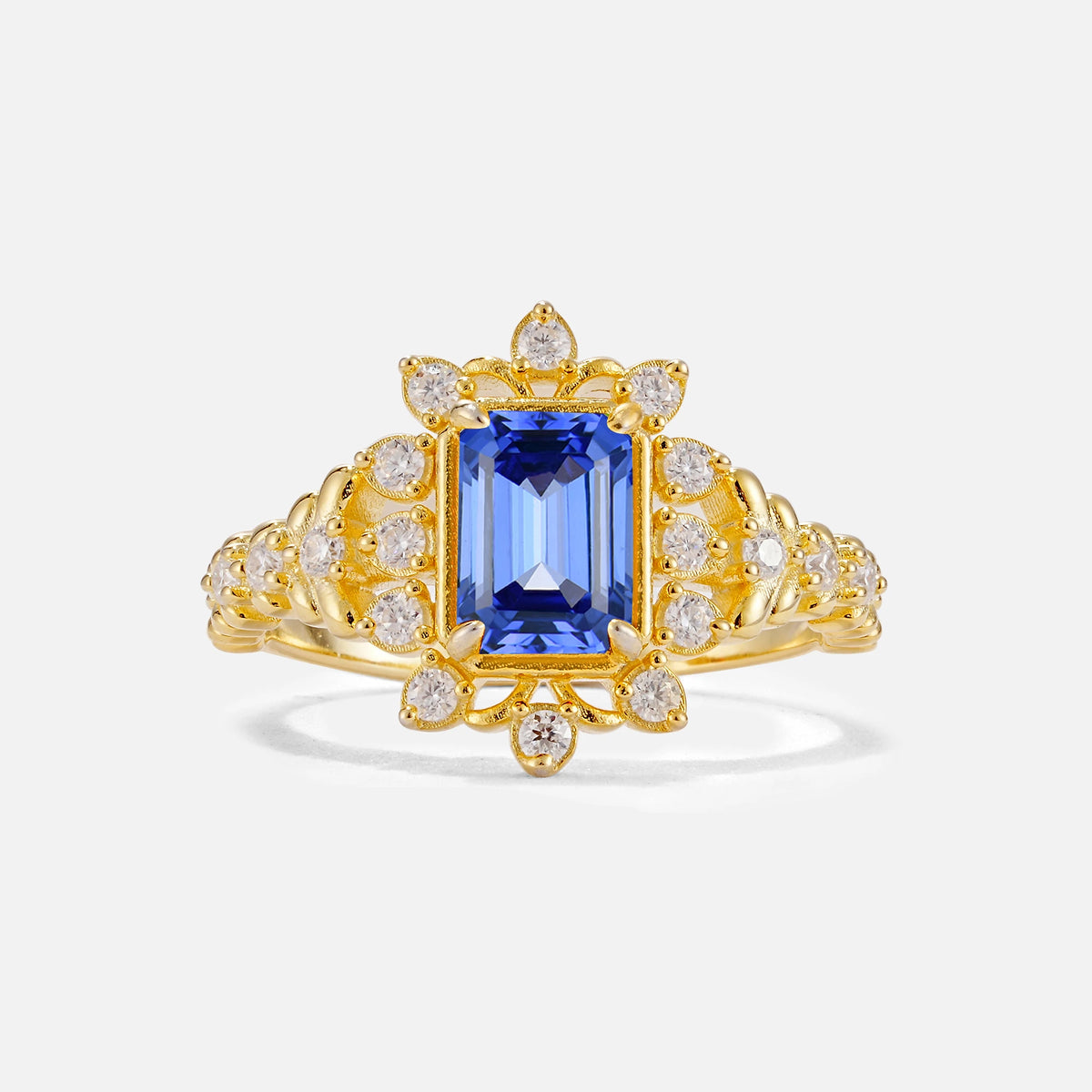 Emerald Cut Sapphire Floral Halo Leaf Vine Engagement Ring