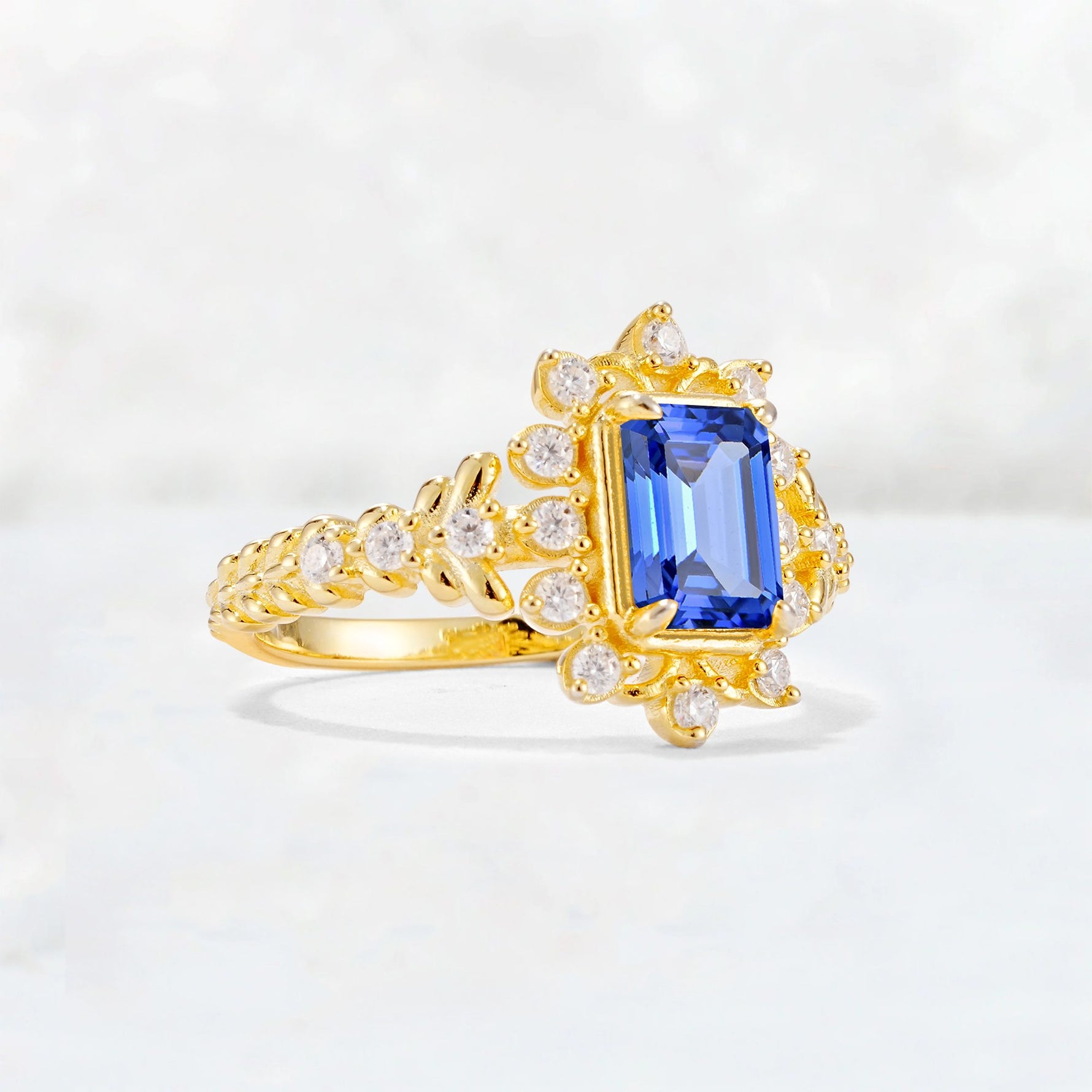 Emerald Cut Sapphire Floral Halo Leaf Vine Engagement Ring - Additional view