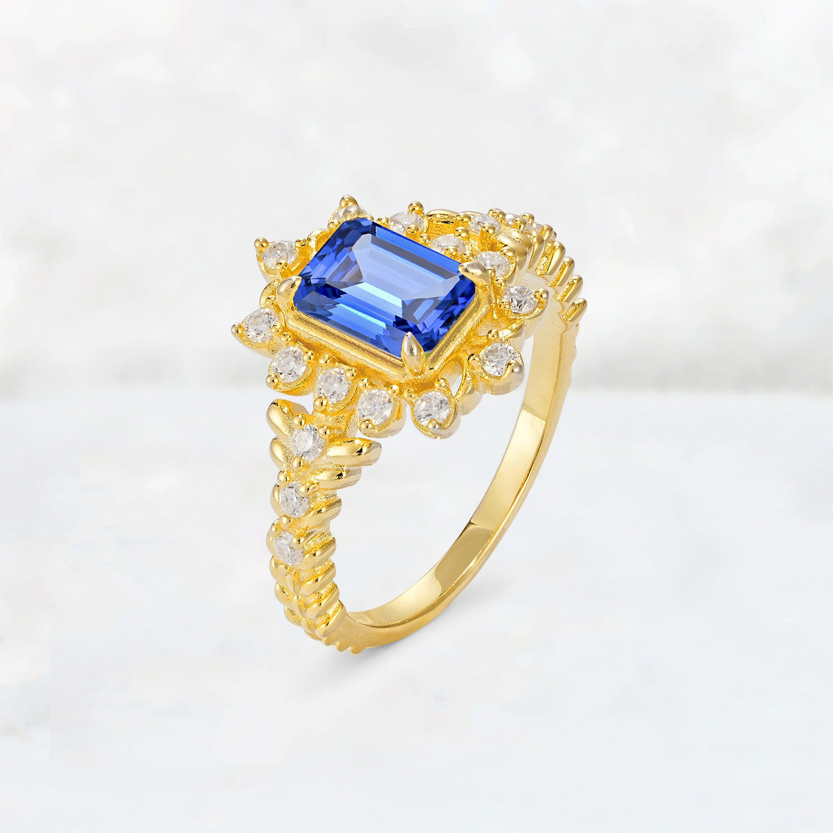 Emerald Cut Sapphire Floral Halo Leaf Vine Engagement Ring - Additional view
