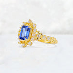 Emerald Cut Sapphire Floral Halo Leaf Vine Engagement Ring - Additional view