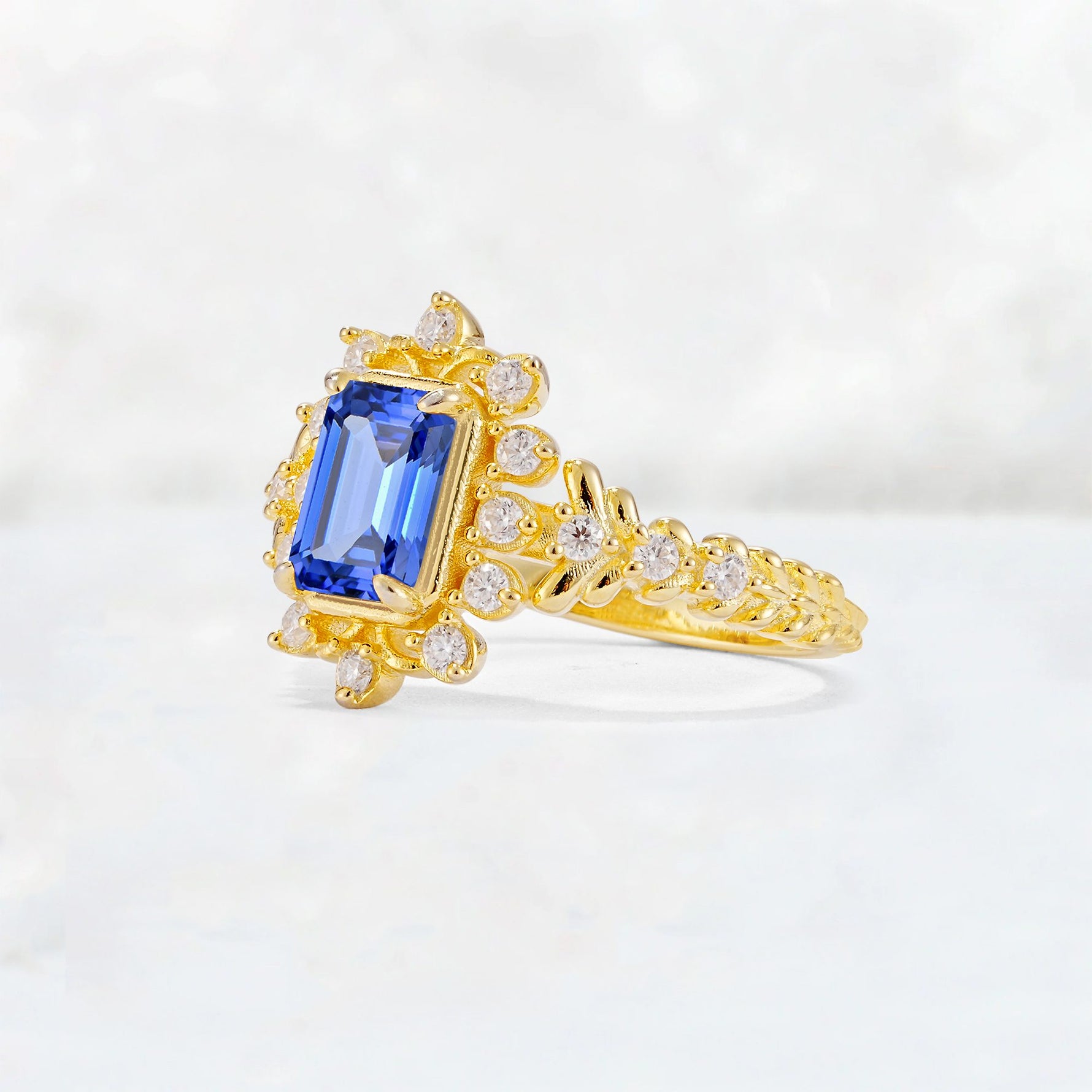 Emerald Cut Sapphire Floral Halo Leaf Vine Engagement Ring - Additional view