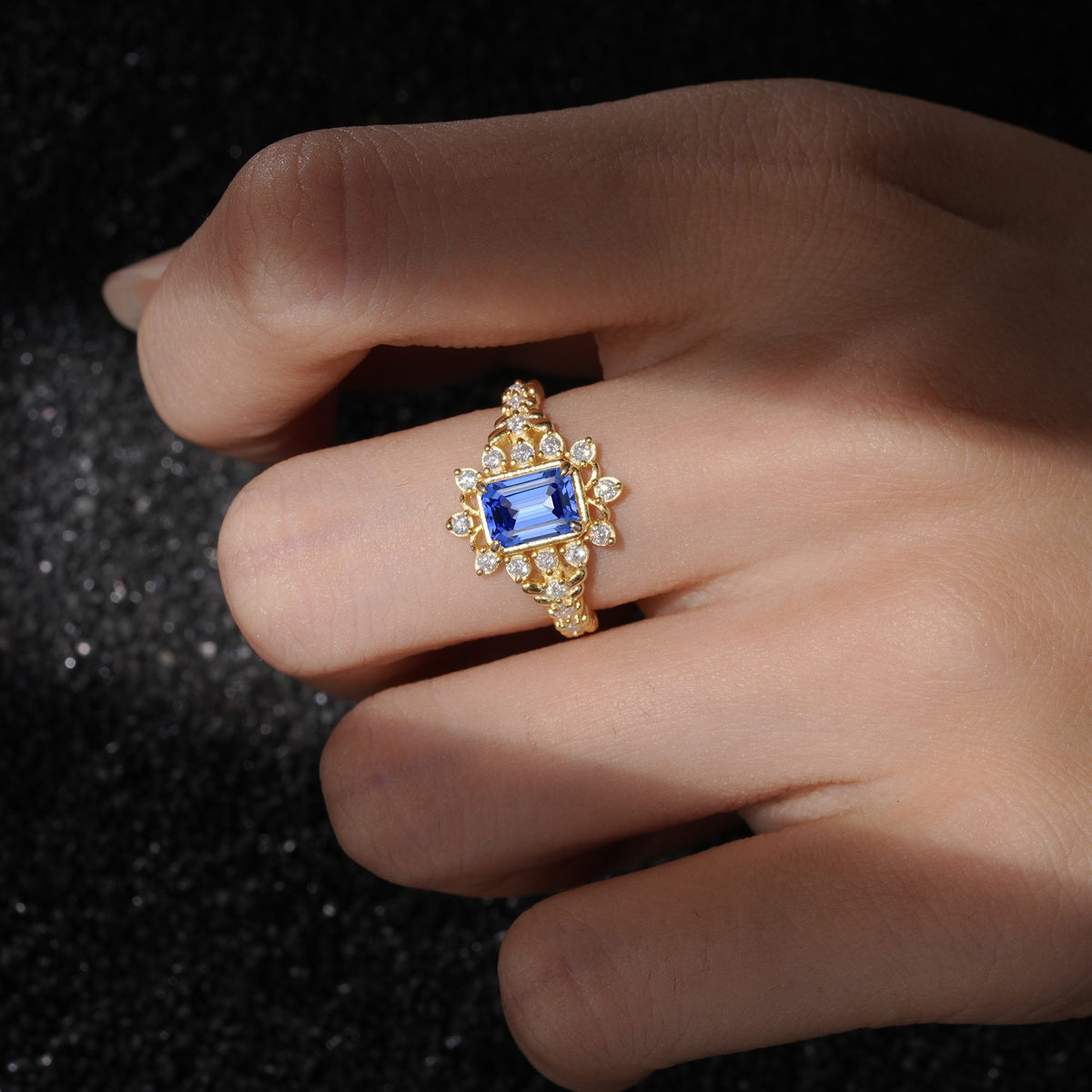 Emerald Cut Sapphire Floral Halo Leaf Vine Engagement Ring - Additional view