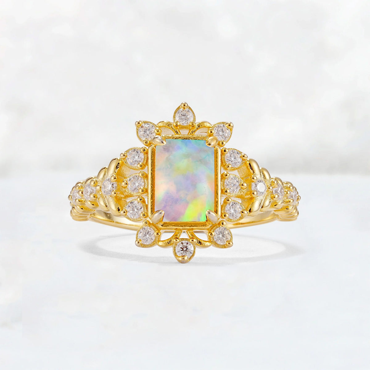 Emerald Cut Fire Opal Floral Halo Leaf Vine Engagement Ring - Additional view
