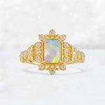Emerald Cut Fire Opal Floral Halo Leaf Vine Engagement Ring - Additional view