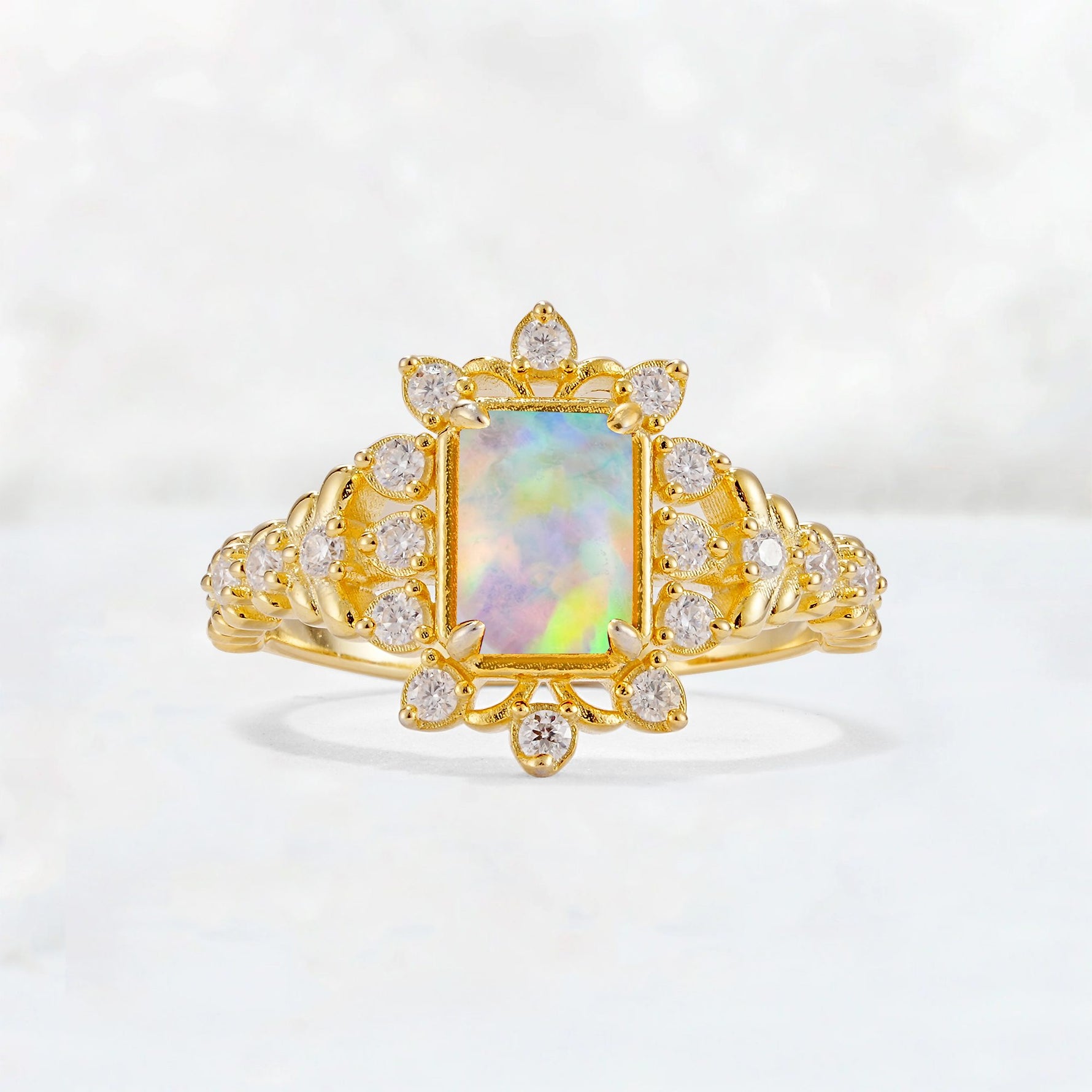 Emerald Cut Fire Opal Floral Halo Leaf Vine Engagement Ring - Additional view