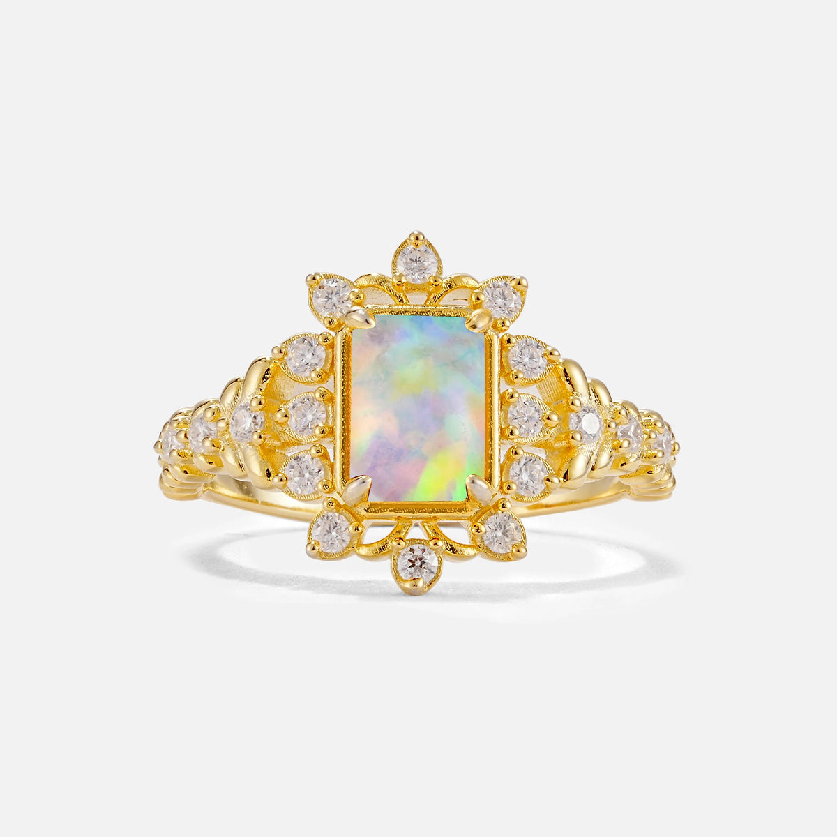 Emerald Cut Fire Opal Floral Halo Leaf Vine Engagement Ring