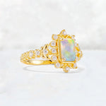 Emerald Cut Fire Opal Floral Halo Leaf Vine Engagement Ring - Additional view