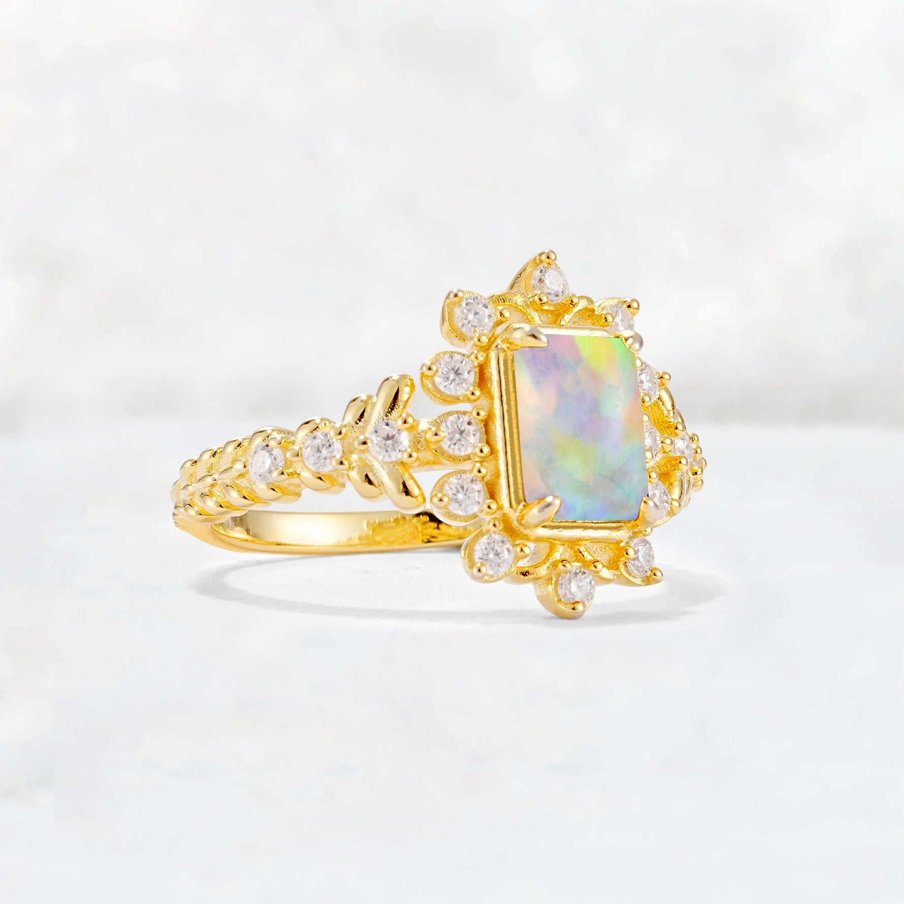 Emerald Cut Fire Opal Floral Halo Leaf Vine Engagement Ring - Additional view