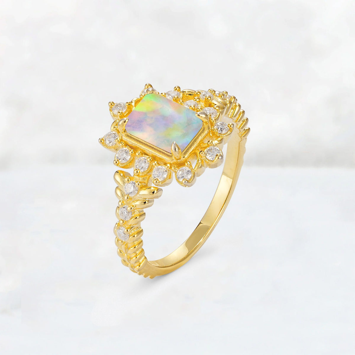 Emerald Cut Fire Opal Floral Halo Leaf Vine Engagement Ring - Additional view