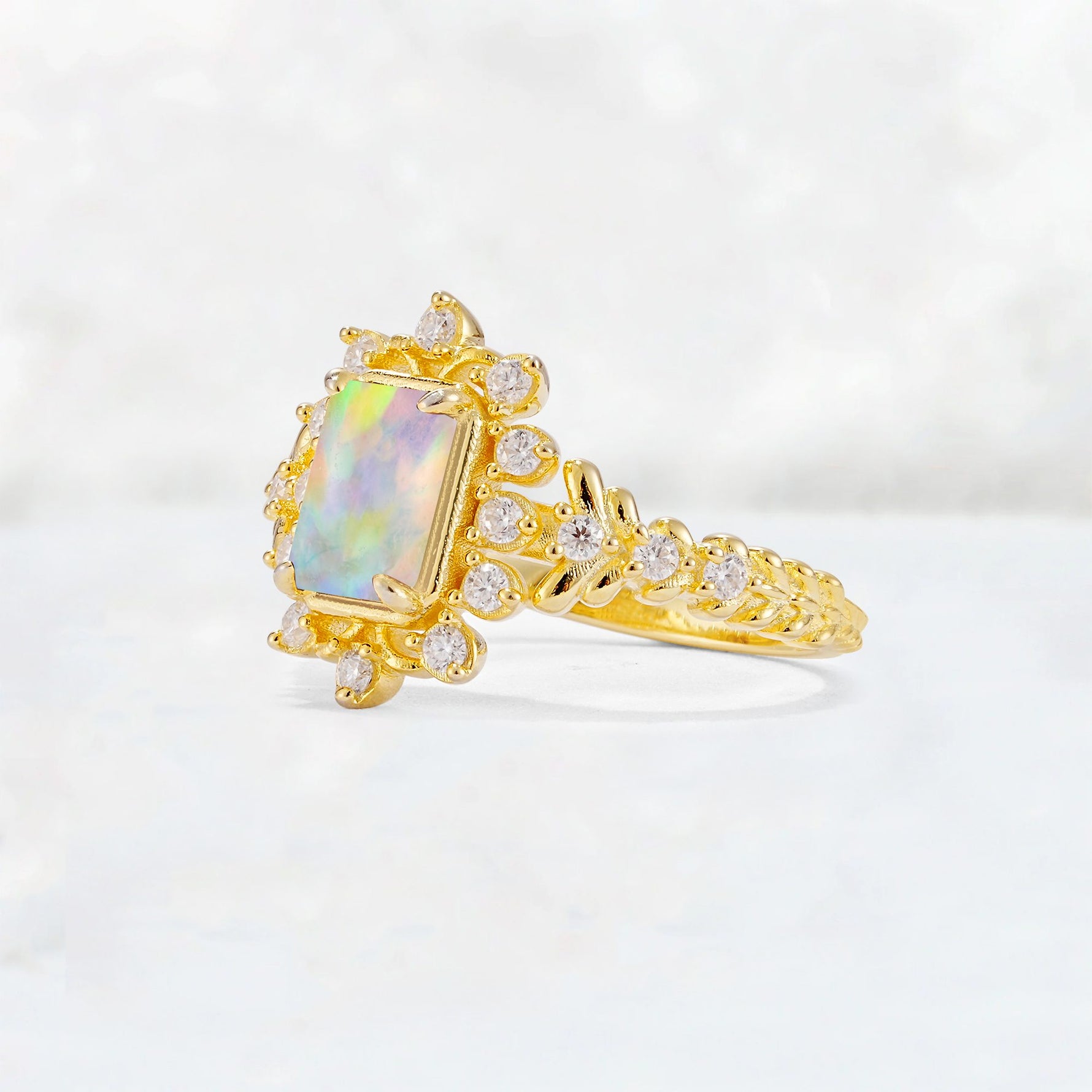 Emerald Cut Fire Opal Floral Halo Leaf Vine Engagement Ring - Additional view
