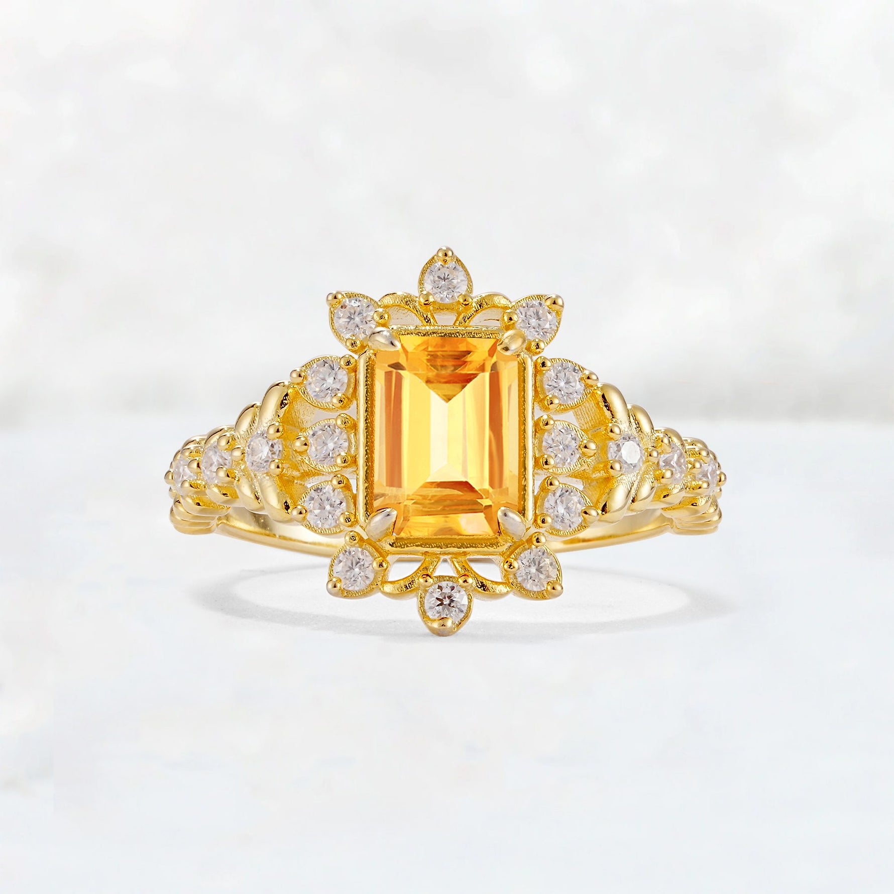 Emerald Cut Citrine Floral Halo Leaf Vine Engagement Ring - Additional view