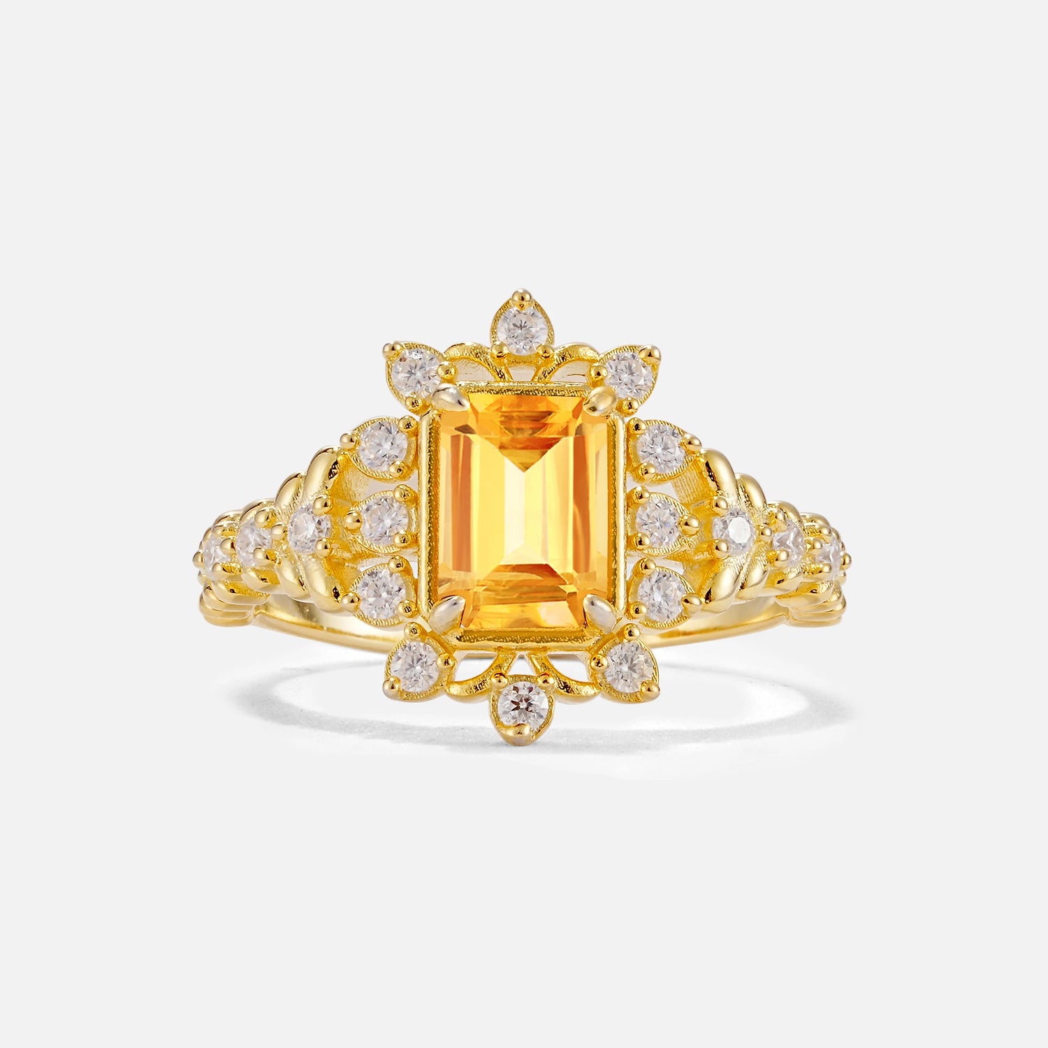 Emerald Cut Citrine Floral Halo Leaf Vine Engagement Ring