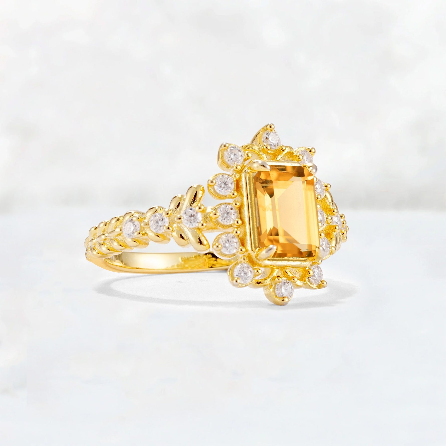 Emerald Cut Citrine Floral Halo Leaf Vine Engagement Ring - Additional view