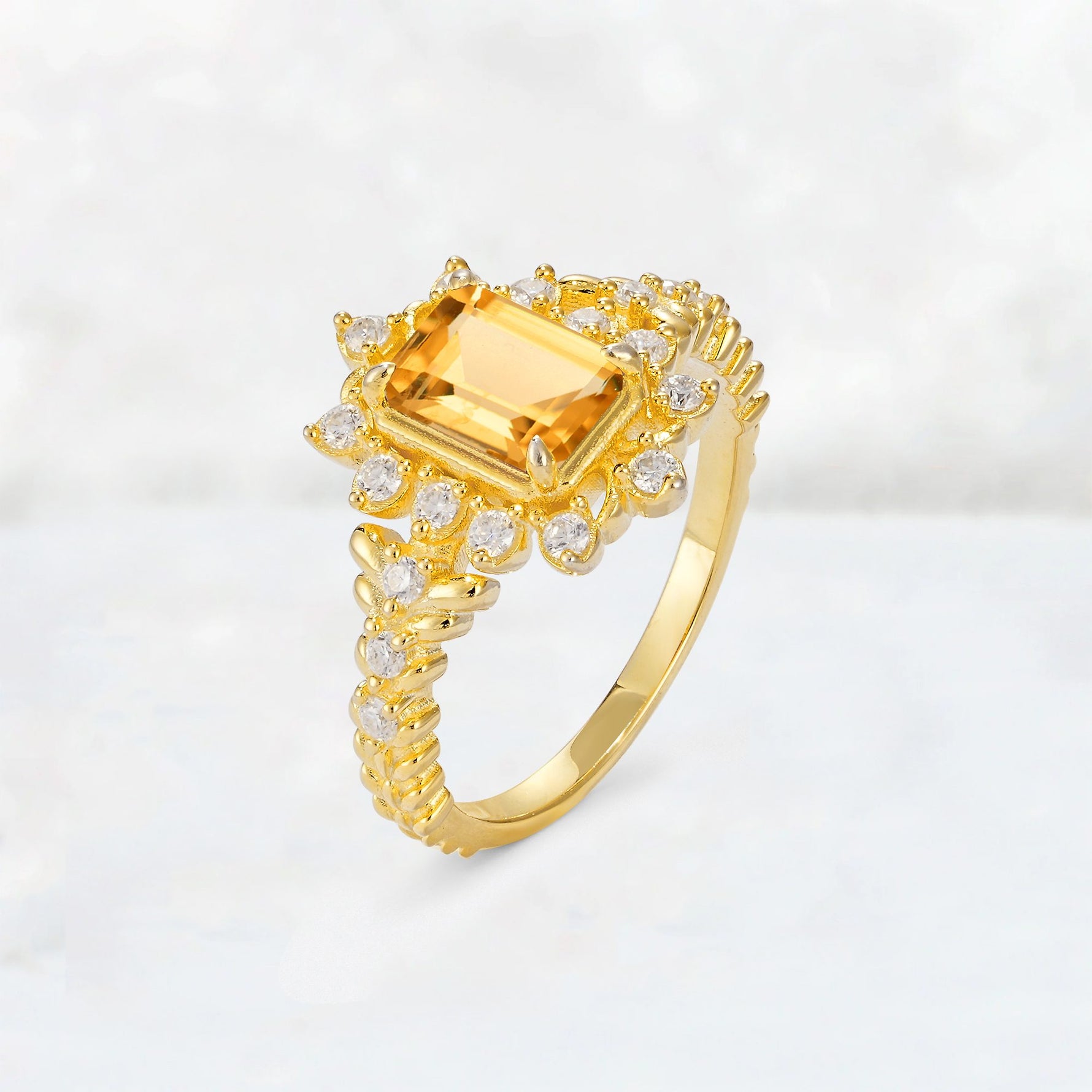Emerald Cut Citrine Floral Halo Leaf Vine Engagement Ring - Additional view