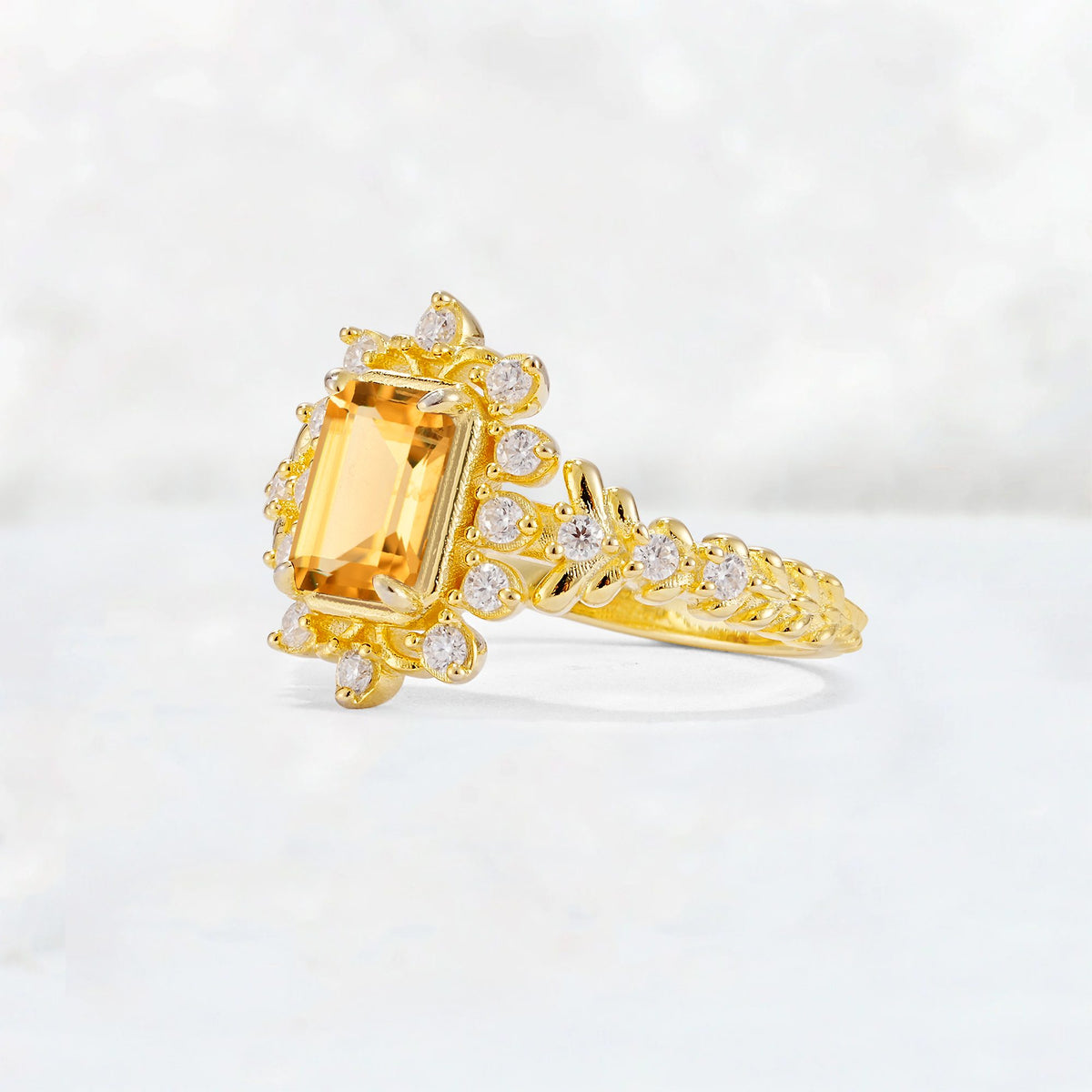 Emerald Cut Citrine Floral Halo Leaf Vine Engagement Ring - Additional view