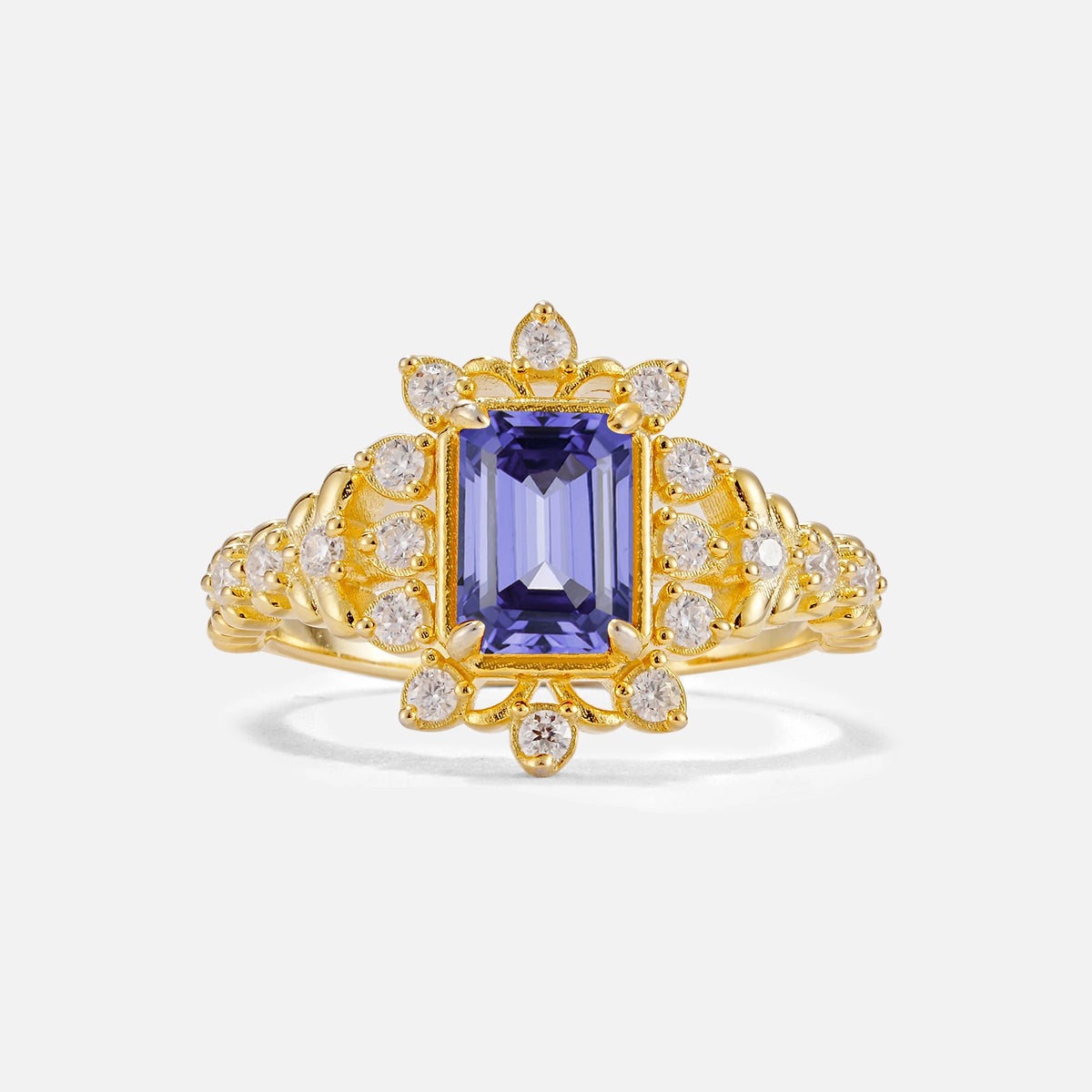 Emerald Cut Tanzanite Floral Halo Leaf Vine Engagement Ring