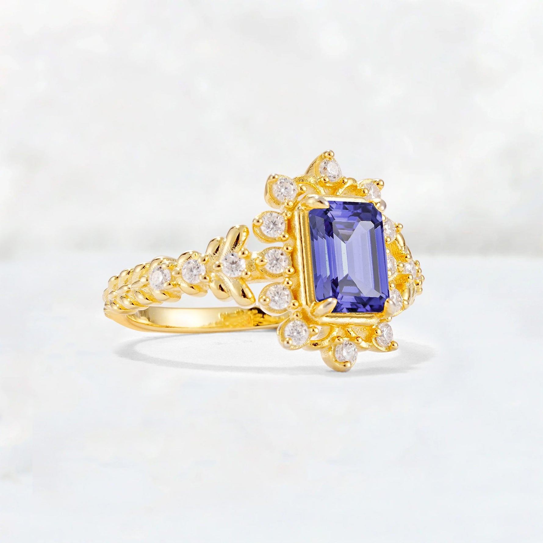 Emerald Cut Tanzanite Floral Halo Leaf Vine Engagement Ring - Additional view