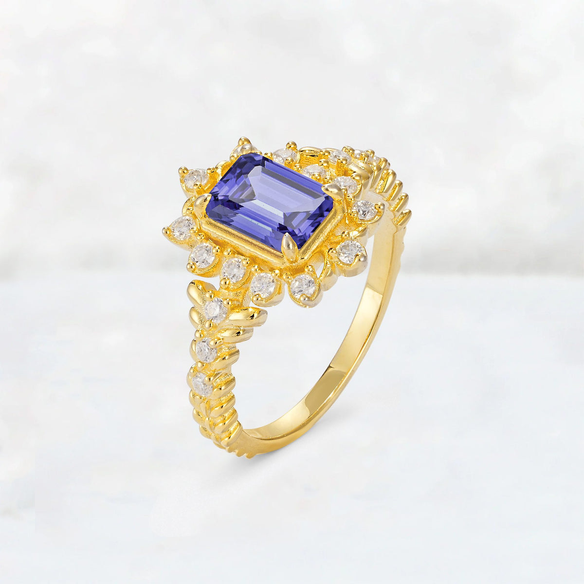 Emerald Cut Tanzanite Floral Halo Leaf Vine Engagement Ring - Additional view