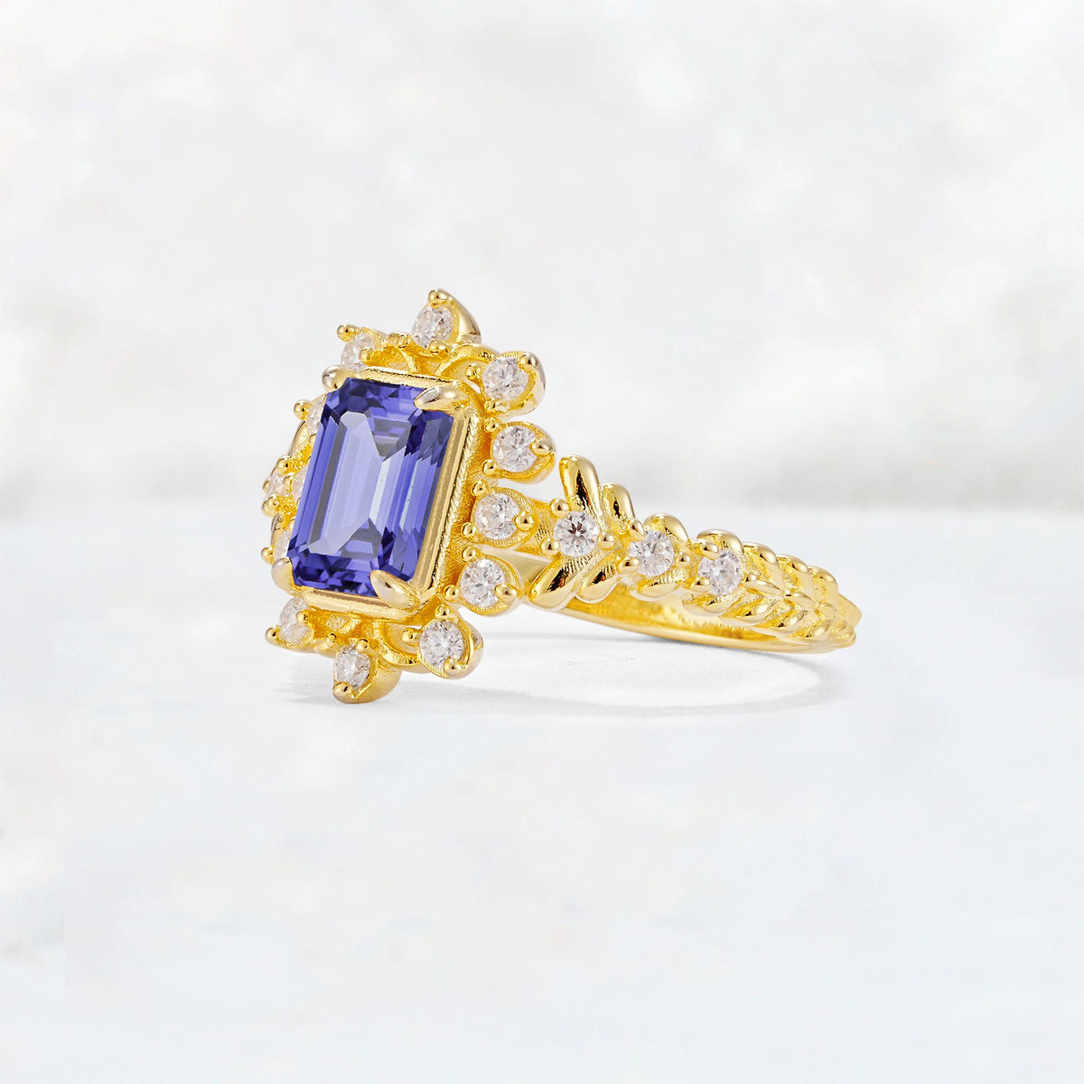 Emerald Cut Tanzanite Floral Halo Leaf Vine Engagement Ring - Additional view