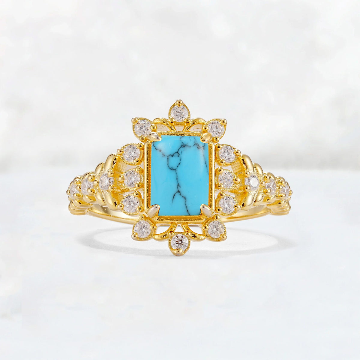 Emerald Cut Turquoise Floral Halo Leaf Vine Engagement Ring - Additional view