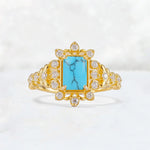 Emerald Cut Turquoise Floral Halo Leaf Vine Engagement Ring - Additional view