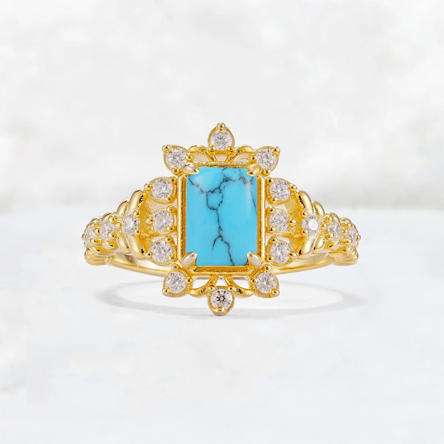 Emerald Cut Turquoise Floral Halo Leaf Vine Engagement Ring - Additional view