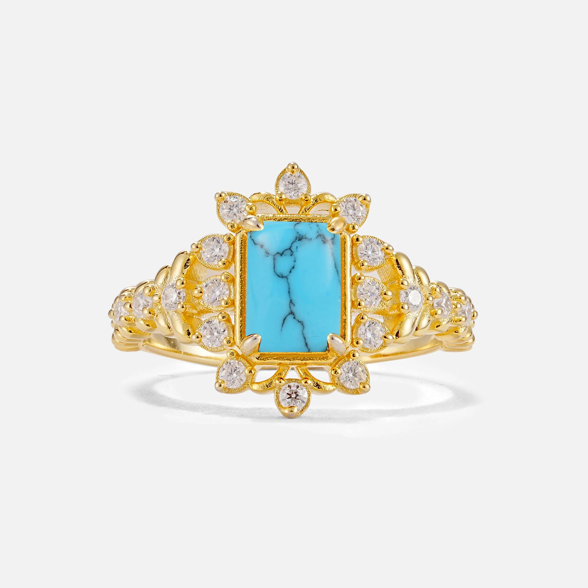 Emerald Cut Turquoise Floral Halo Leaf Vine Engagement Ring
