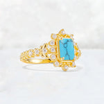 Emerald Cut Turquoise Floral Halo Leaf Vine Engagement Ring - Additional view