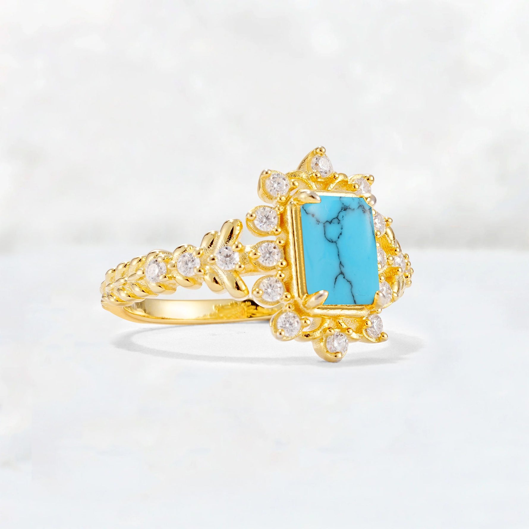 Emerald Cut Turquoise Floral Halo Leaf Vine Engagement Ring - Additional view
