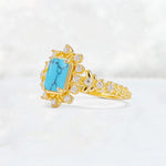 Emerald Cut Turquoise Floral Halo Leaf Vine Engagement Ring - Additional view