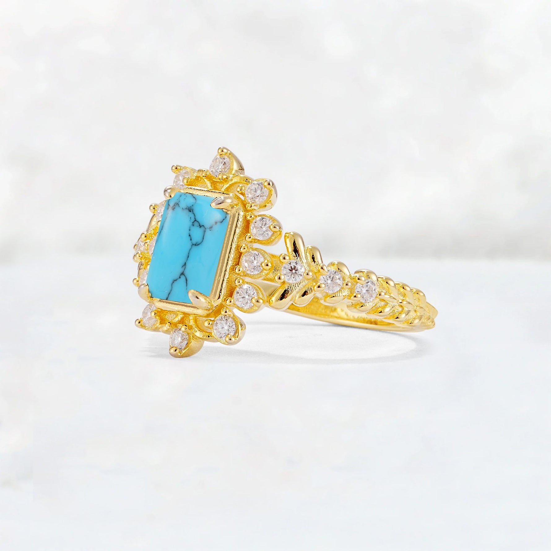 Emerald Cut Turquoise Floral Halo Leaf Vine Engagement Ring - Additional view