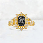 Emerald Cut Black Rutilated Quartz Floral Halo Leaf Vine Engagement Ring - Additional view
