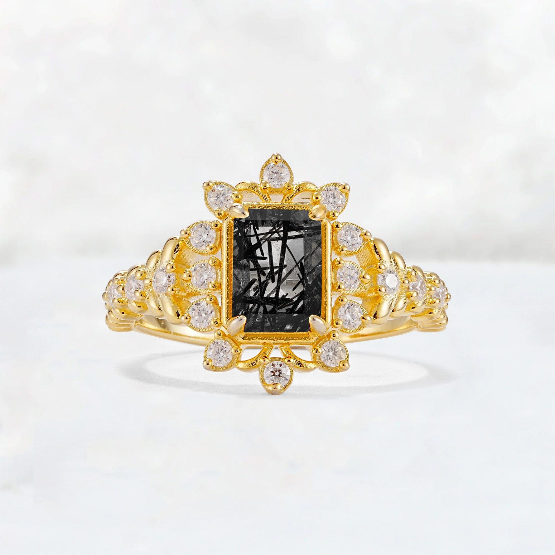 Emerald Cut Black Rutilated Quartz Floral Halo Leaf Vine Engagement Ring - Additional view