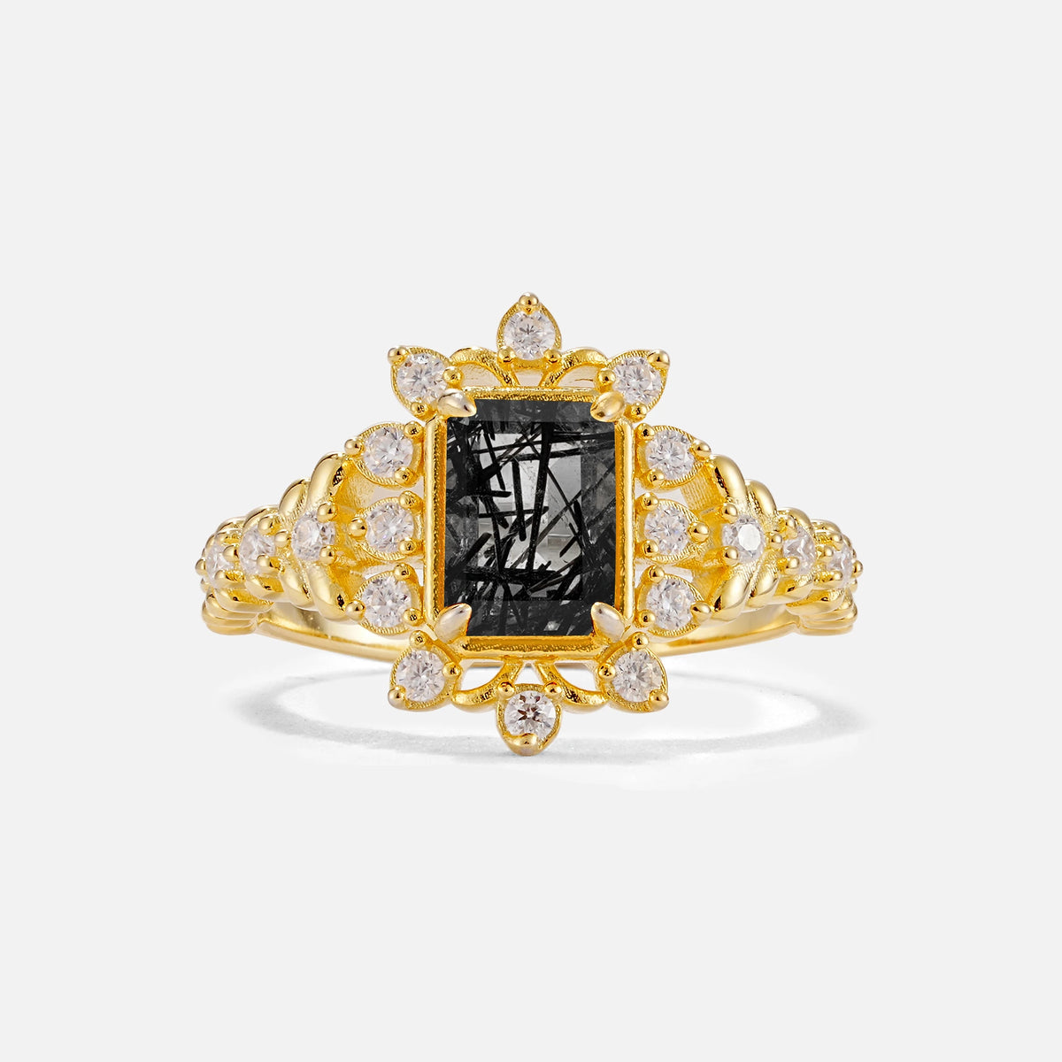 Emerald Cut Black Rutilated Quartz Floral Halo Leaf Vine Engagement Ring