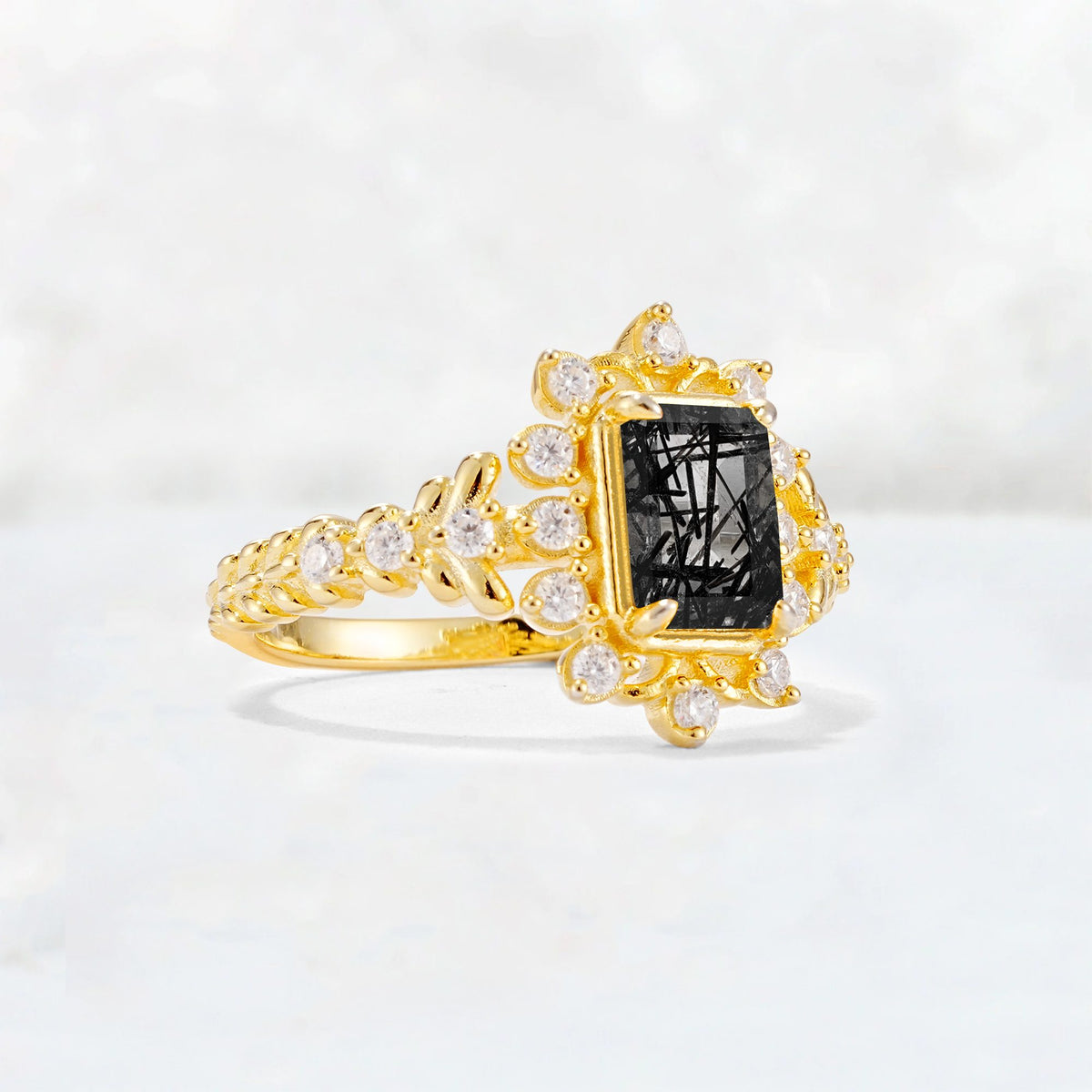 Emerald Cut Black Rutilated Quartz Floral Halo Leaf Vine Engagement Ring - Additional view