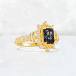 Emerald Cut Black Rutilated Quartz Floral Halo Leaf Vine Engagement Ring - Additional view