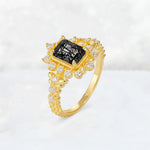 Emerald Cut Black Rutilated Quartz Floral Halo Leaf Vine Engagement Ring - Additional view