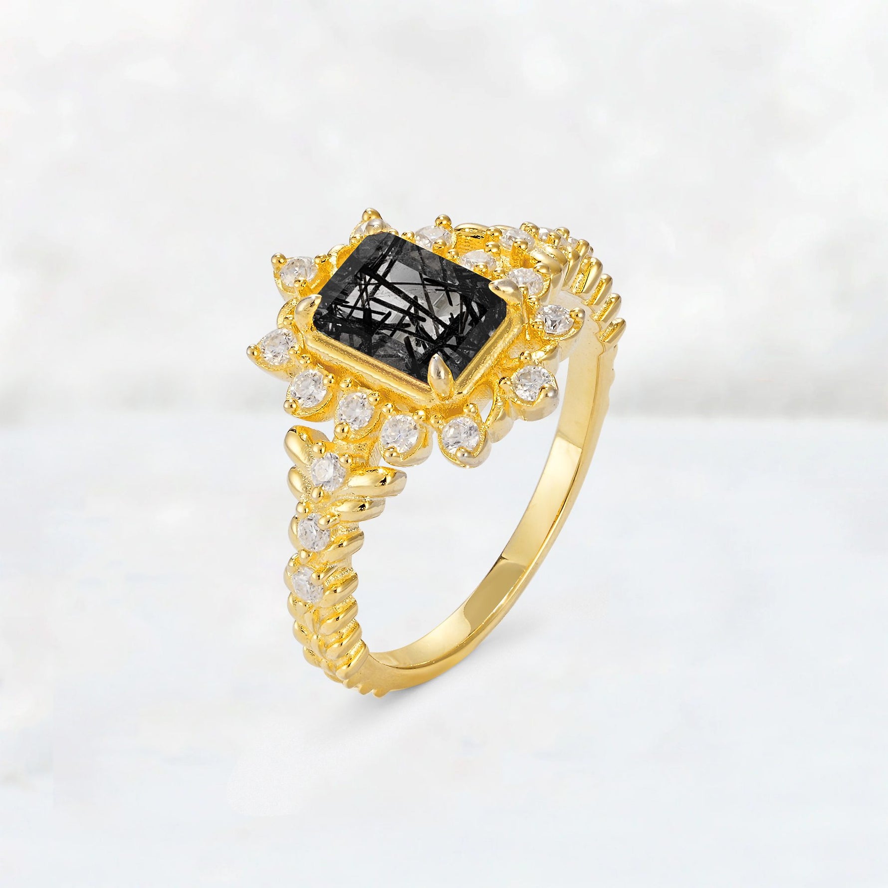 Emerald Cut Black Rutilated Quartz Floral Halo Leaf Vine Engagement Ring - Additional view