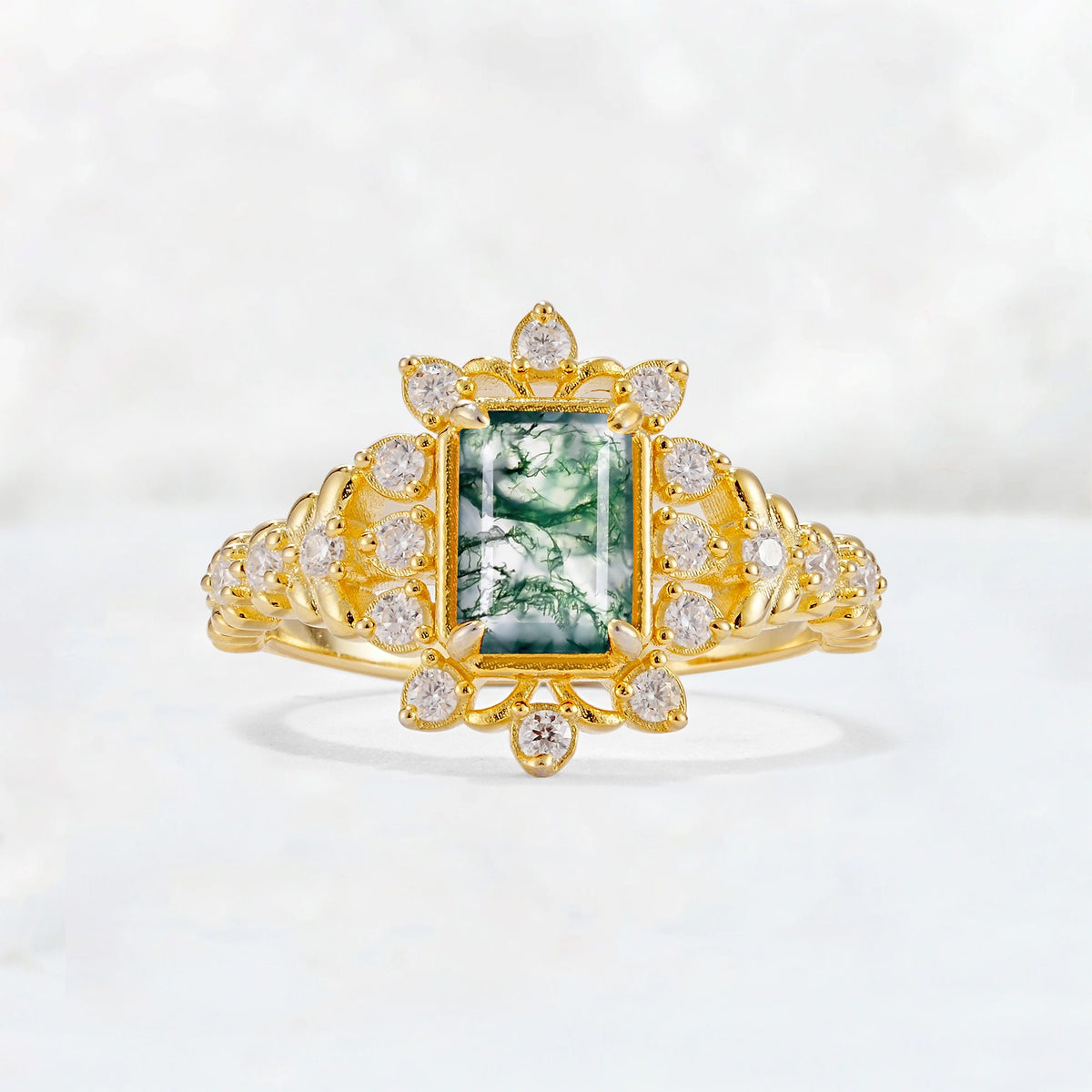 Emerald Cut Moss Agate Floral Halo Leaf Vine Engagement Ring - Additional view