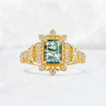 Emerald Cut Moss Agate Floral Halo Leaf Vine Engagement Ring - Additional view