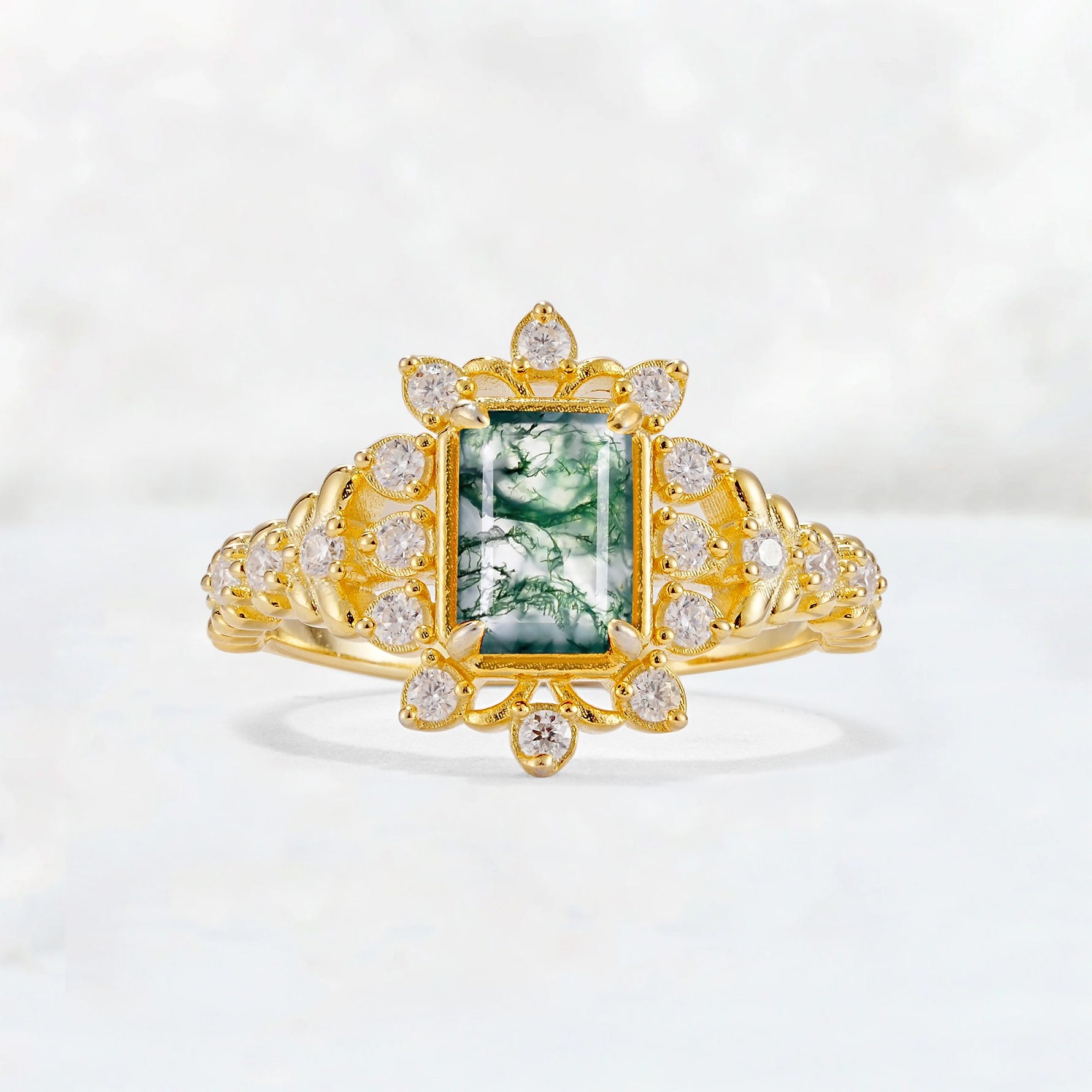 Emerald Cut Moss Agate Floral Halo Leaf Vine Engagement Ring - Additional view