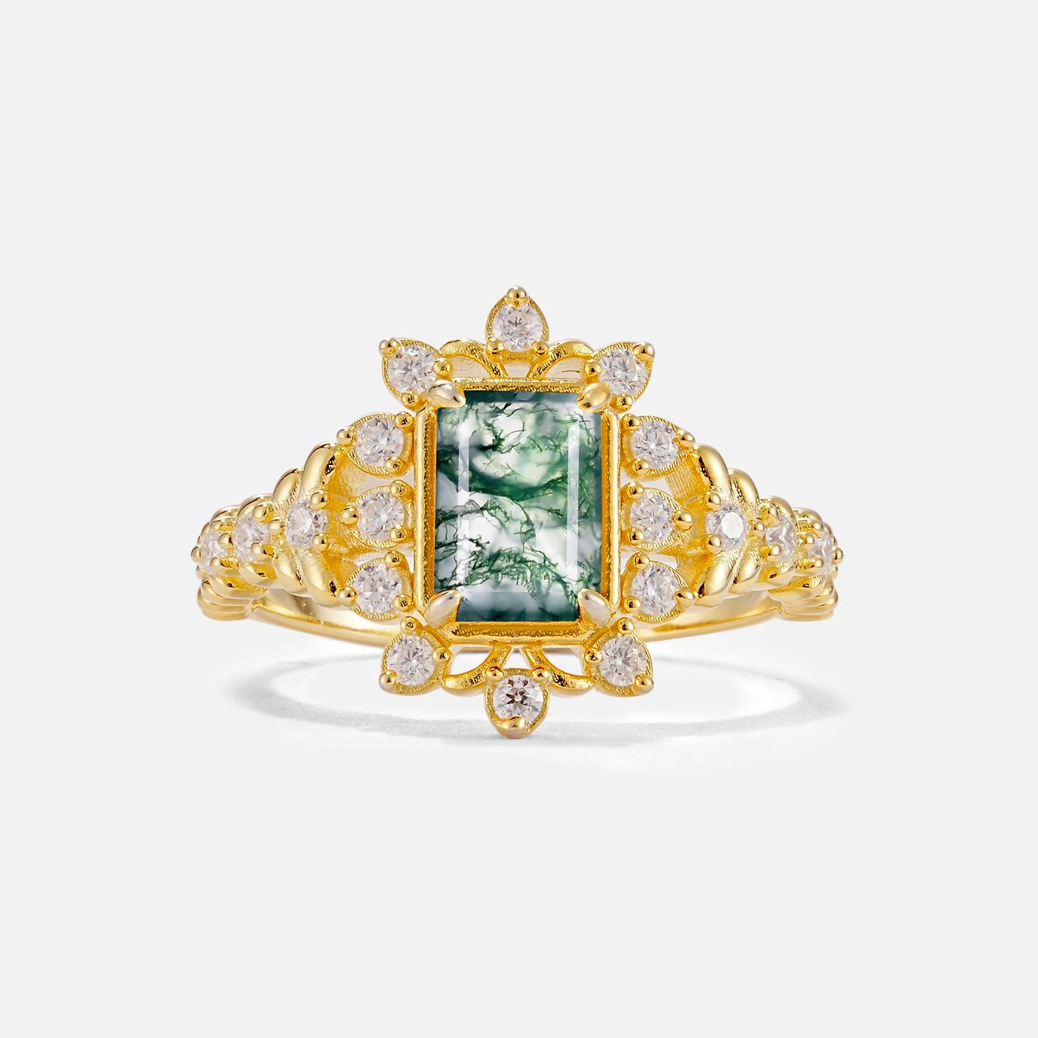 Emerald Cut Moss Agate Floral Halo Leaf Vine Engagement Ring