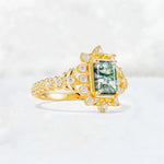 Emerald Cut Moss Agate Floral Halo Leaf Vine Engagement Ring - Additional view