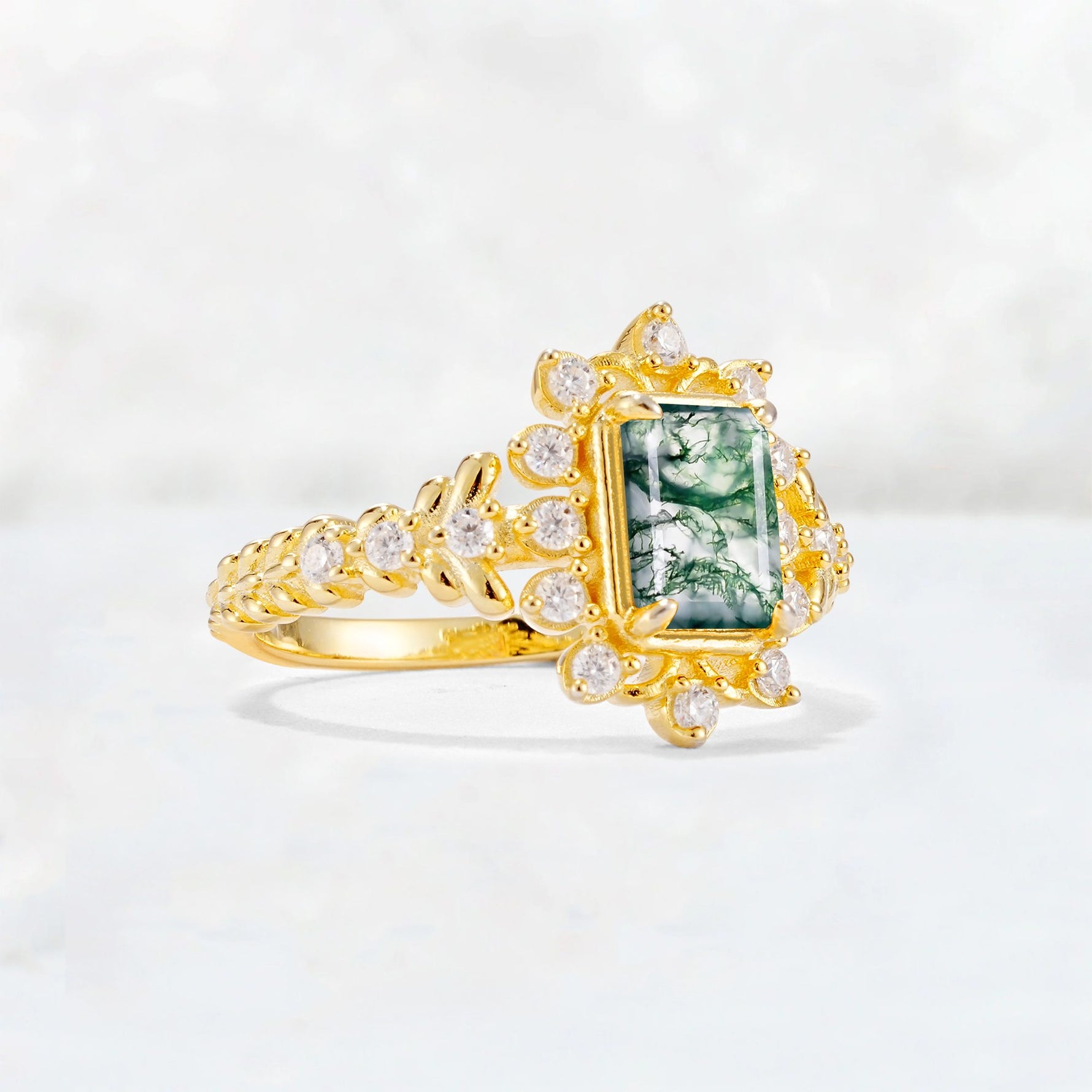 Emerald Cut Moss Agate Floral Halo Leaf Vine Engagement Ring - Additional view