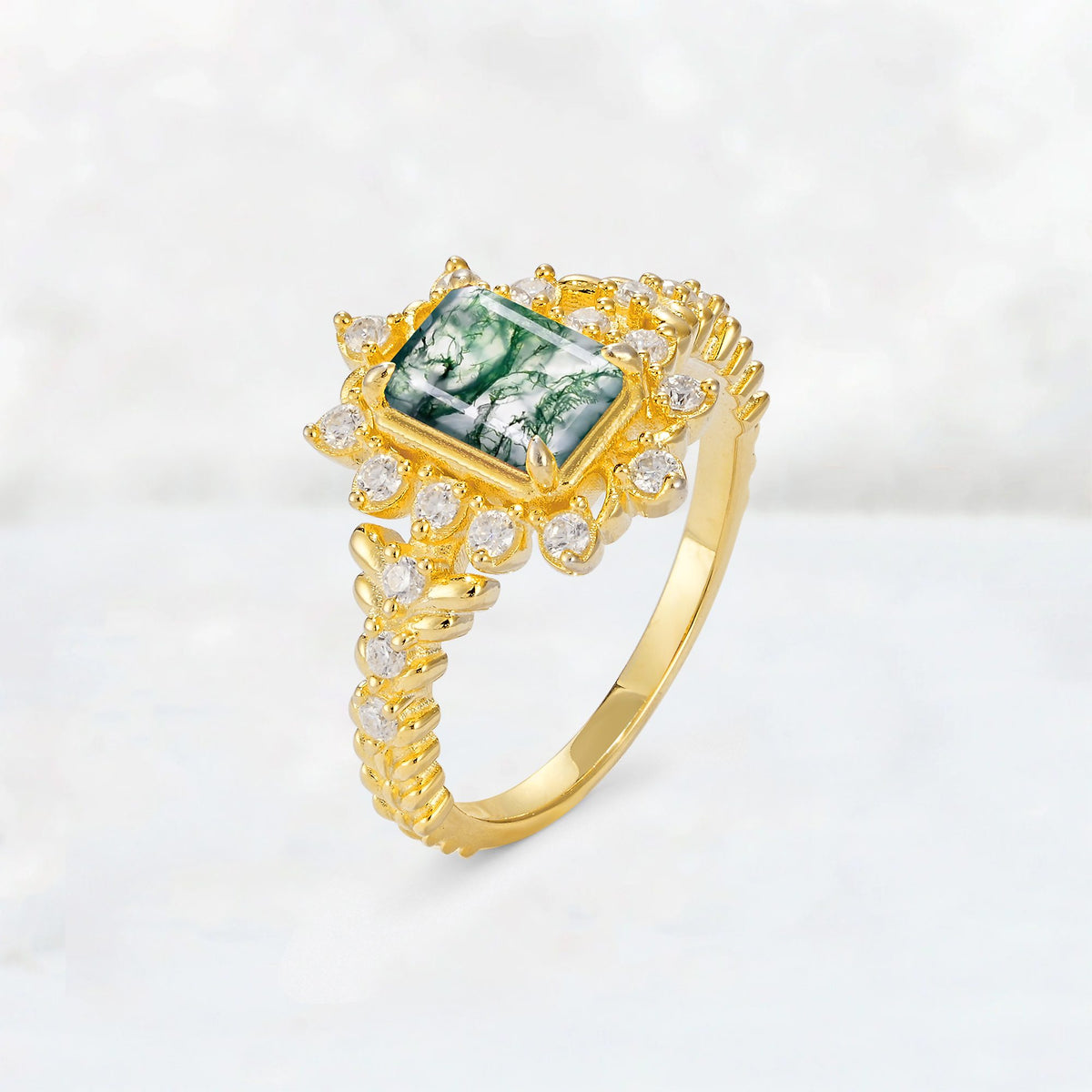 Emerald Cut Moss Agate Floral Halo Leaf Vine Engagement Ring - Additional view